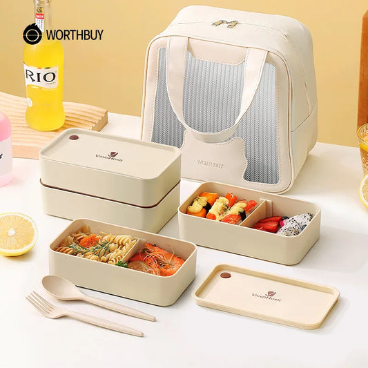 WORTHBUY Portable Lunch Box Microwave Safe Plastic Bento Box With Compartments & Sauce Box Stackable Salad Fruit Food Container
